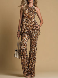 Conjunto de Pantalón Elegante Marrón Sin Mangas con estampado de leopardo, gasa y estampado - Marrón