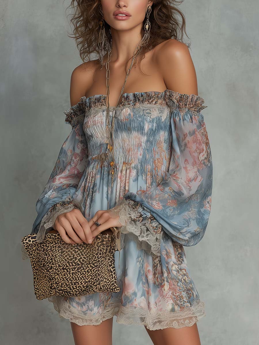 Vestido Estampado Romántico Azul con hombros descubiertos, fruncido, gasa y floral - Azul