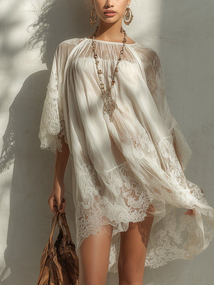 Minivestido Blanco con paneles de encaje y gasa - Blanco