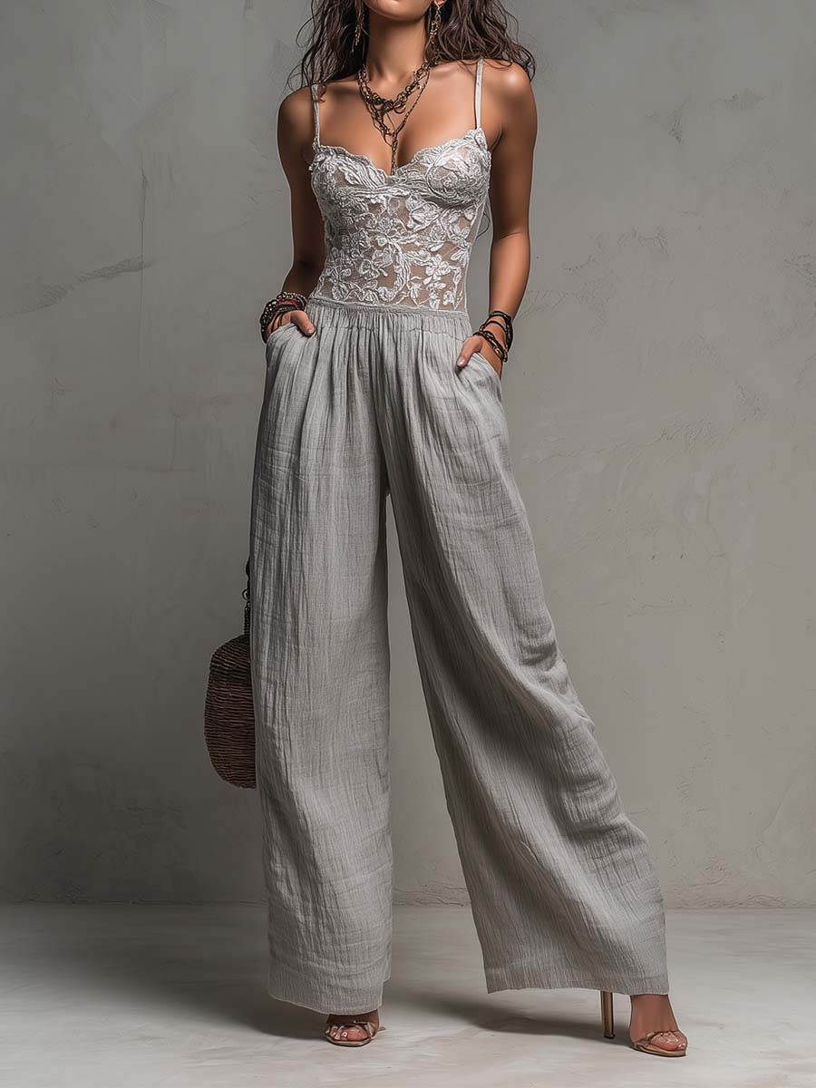 Mono Boho Gris con remate de encaje, plisado y pierna ancha - Gris