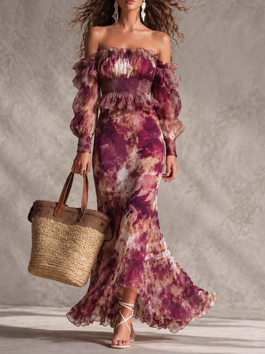 Vestido Estampado Rosa con hombros descubiertos, gasa y floral - Rosa