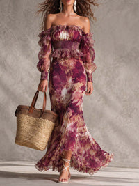 Vestido Estampado Rosa con hombros descubiertos, gasa y floral - Rosa