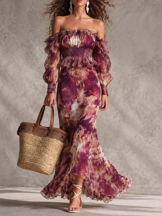 Vestido Estampado Rosa con hombros descubiertos, gasa y floral - Rosa