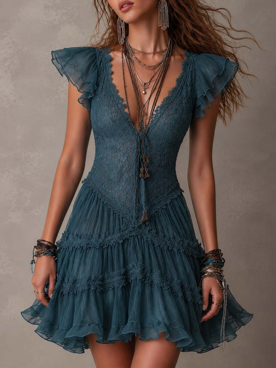 Minivestido Retro Azul con encaje, gasa y volantes - Azul