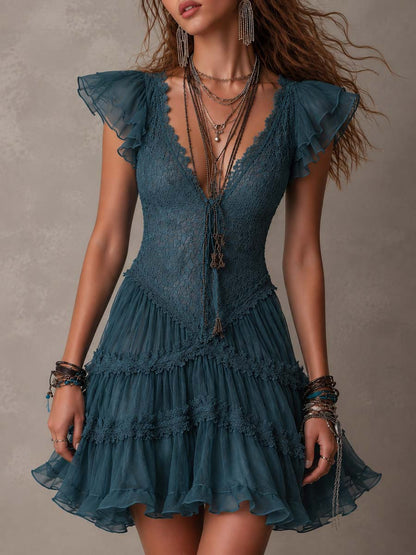 Minivestido Retro Azul con encaje, gasa y volantes - Azul