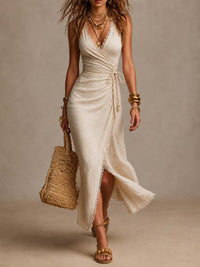 Vestido Largo Beige con lino, cruzado y remate de encaje - Beige