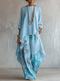 Conjunto de Pantalón Azul con corte asimétrico, pierna ancha y floral - Azul