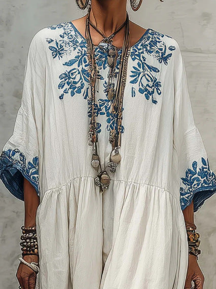 Vestido Estampado Corte Holgado con escote redondo y estampado - Blanco