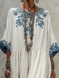 Vestido Estampado Corte Holgado con escote redondo y estampado - Blanco