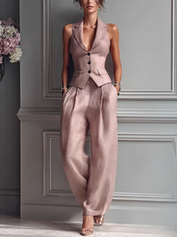 Conjunto Sexy con escote en V y botones delanteros - Rosa
