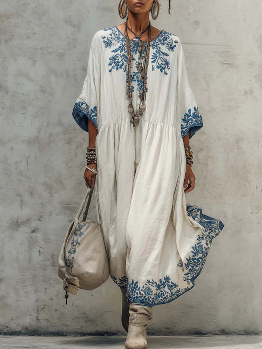Vestido Estampado Corte Holgado con escote redondo y estampado - Blanco
