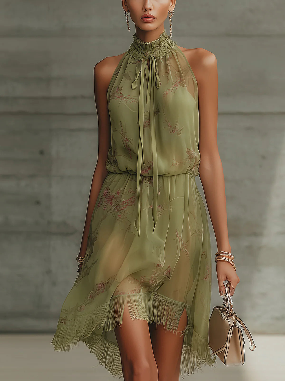 Minivestido Verde con lazada en la cintura, gasa y floral - Verde