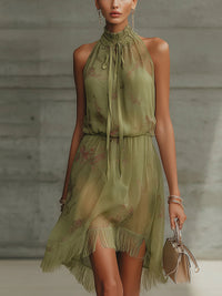 Minivestido Verde con lazada en la cintura, gasa y floral - Verde