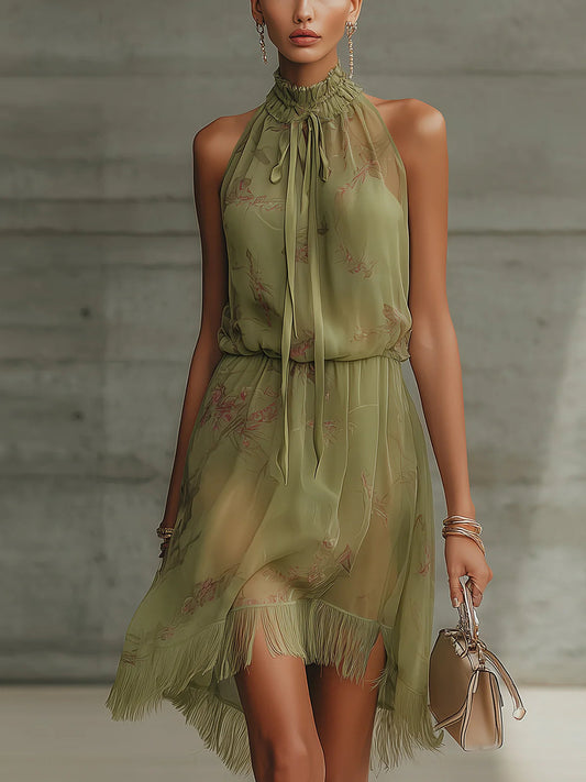 Minivestido Verde con lazada en la cintura, gasa y floral - Verde