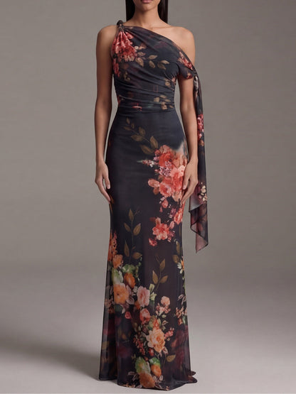 Vestido Estampado Negro con un solo hombro, plisado, gasa y estampado - Negro