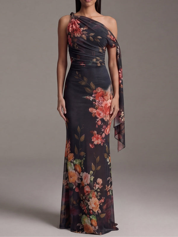 Vestido Estampado Negro con un solo hombro, plisado, gasa y estampado - Negro