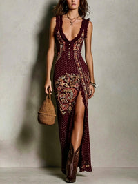 Vestido Estampado Boho con escote en V, abertura alta y estampado - Negro