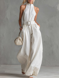Mono Elegante Blanco Sin Mangas con cinturón y pierna ancha - Blanco