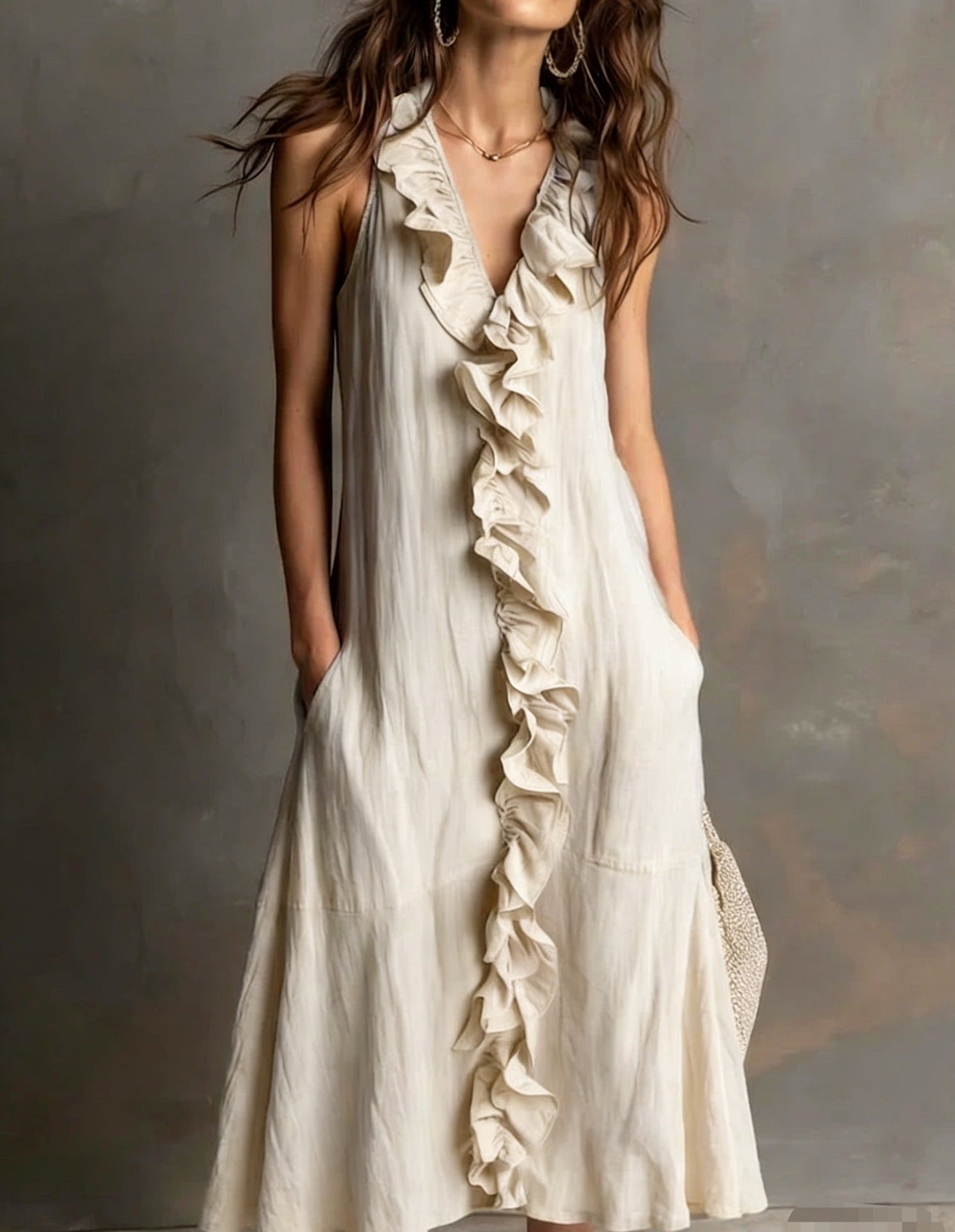 Vestido de Verano Sin Mangas con escote en V, volante y liso - Albaricoque