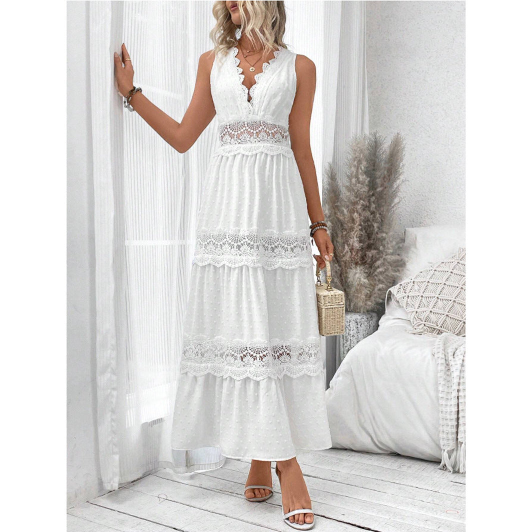 Vestido Largo Blanco Sin Mangas con paneles de encaje y escote en V - Blanco