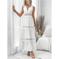 Vestido Largo Blanco Sin Mangas con paneles de encaje y escote en V - Blanco