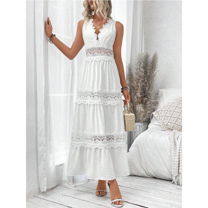 Vestido Largo Blanco Sin Mangas con paneles de encaje y escote en V - Blanco