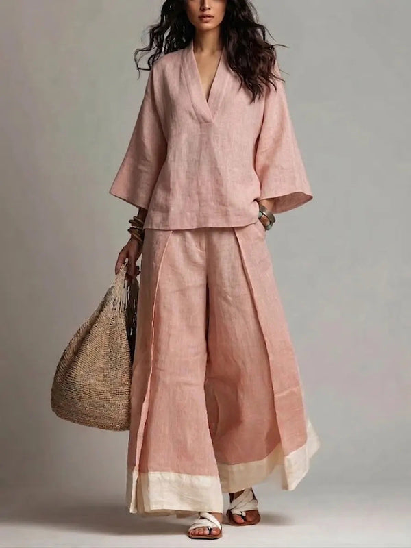 Conjunto con escote en V, color block y pierna ancha - Rosa