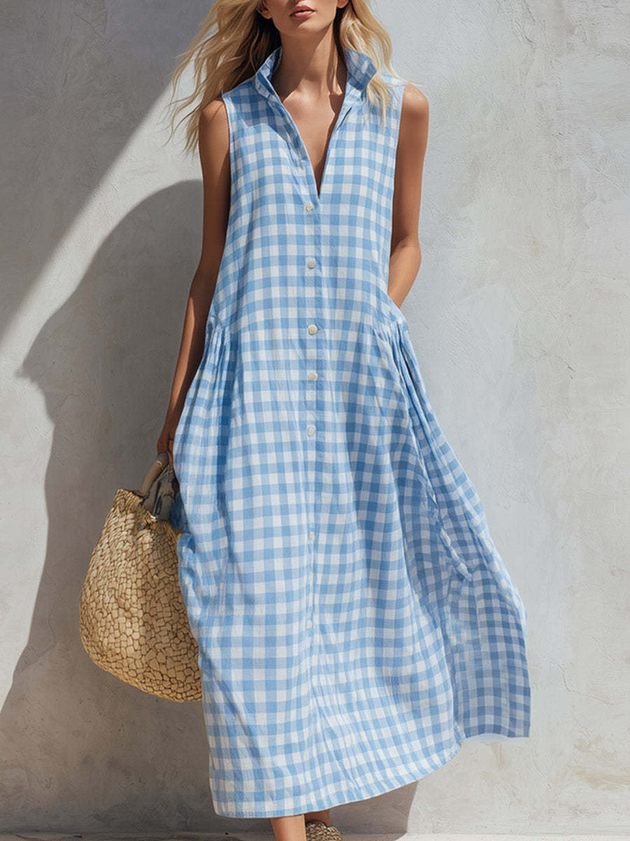 Vestido Largo Playa Corte Holgado con cuadros - Azul Marino