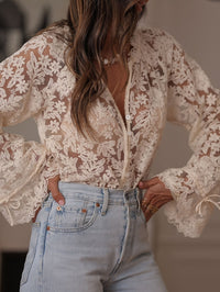 Blusa Casual con calado y encaje - Beige
