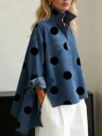 Blusa Casual con vaquero, cuello mao y estampado - Azul