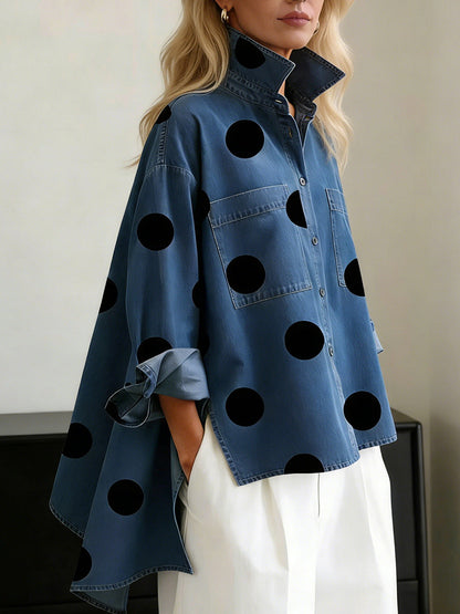 Blusa Casual con vaquero, cuello mao y estampado - Azul