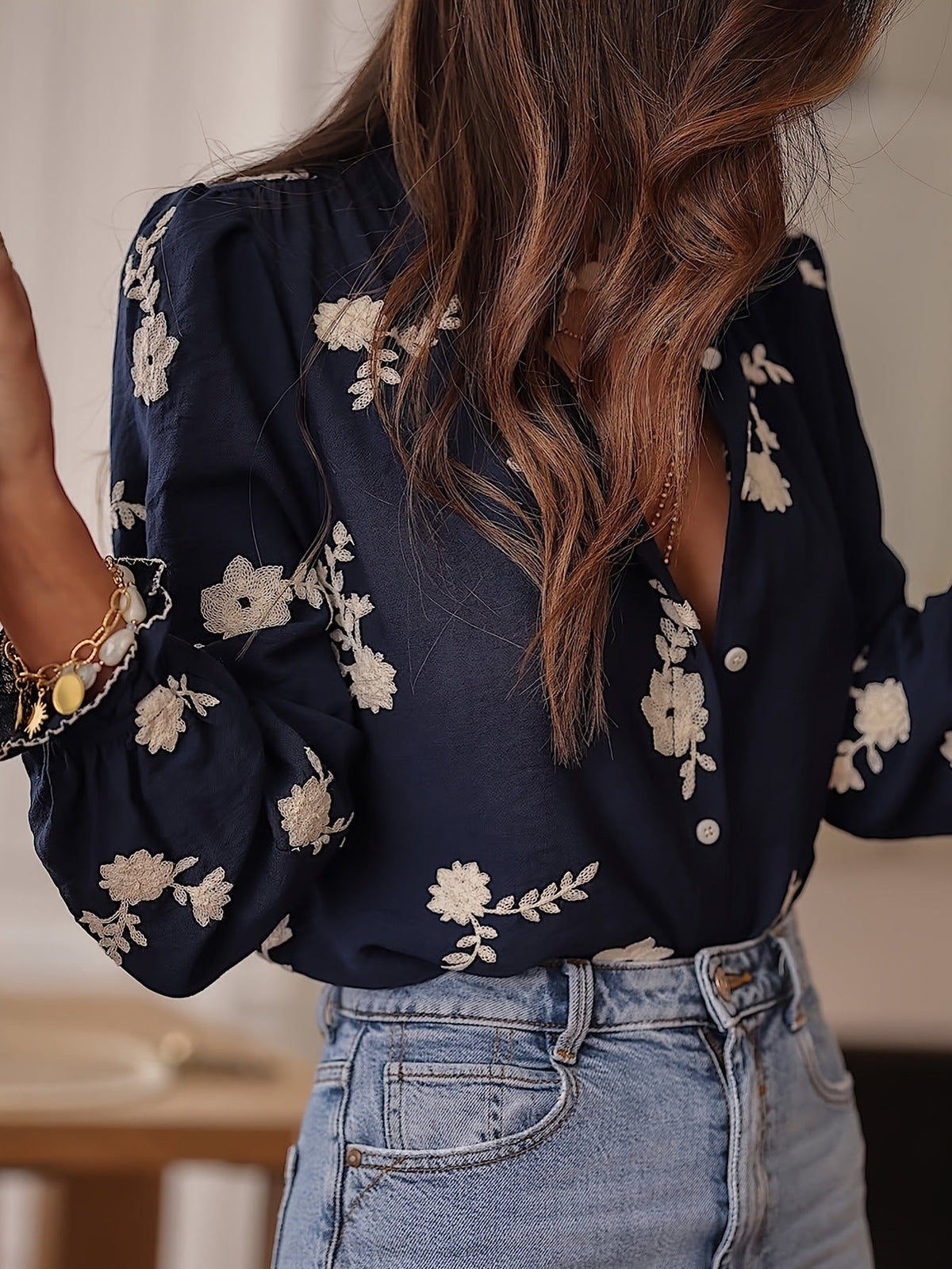 Blusa Manga Larga con bordado y gasa - Azul Marino