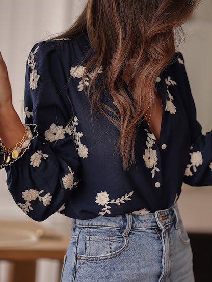 Blusa Manga Larga con bordado y gasa - Azul Marino