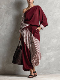 Conjunto de Dos Piezas Elegante Rojo con a rayas y un solo hombro - Rojo