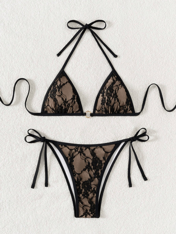 Bikini Sexy con espalda descubierta y encaje - Negro