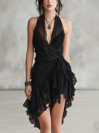Minivestido Negro con escote halter, encaje y volantes - Negro