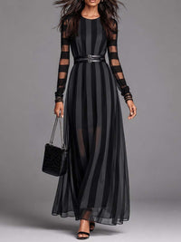 Vestido Largo Negro Manga Larga con a rayas, malla y cinturón - Negro