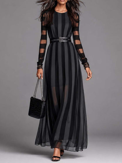 Vestido Largo Negro Manga Larga con a rayas, malla y cinturón - Negro