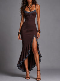 Vestido Largo Retro Marrón con remate de encaje, volantes y abertura - Marrón