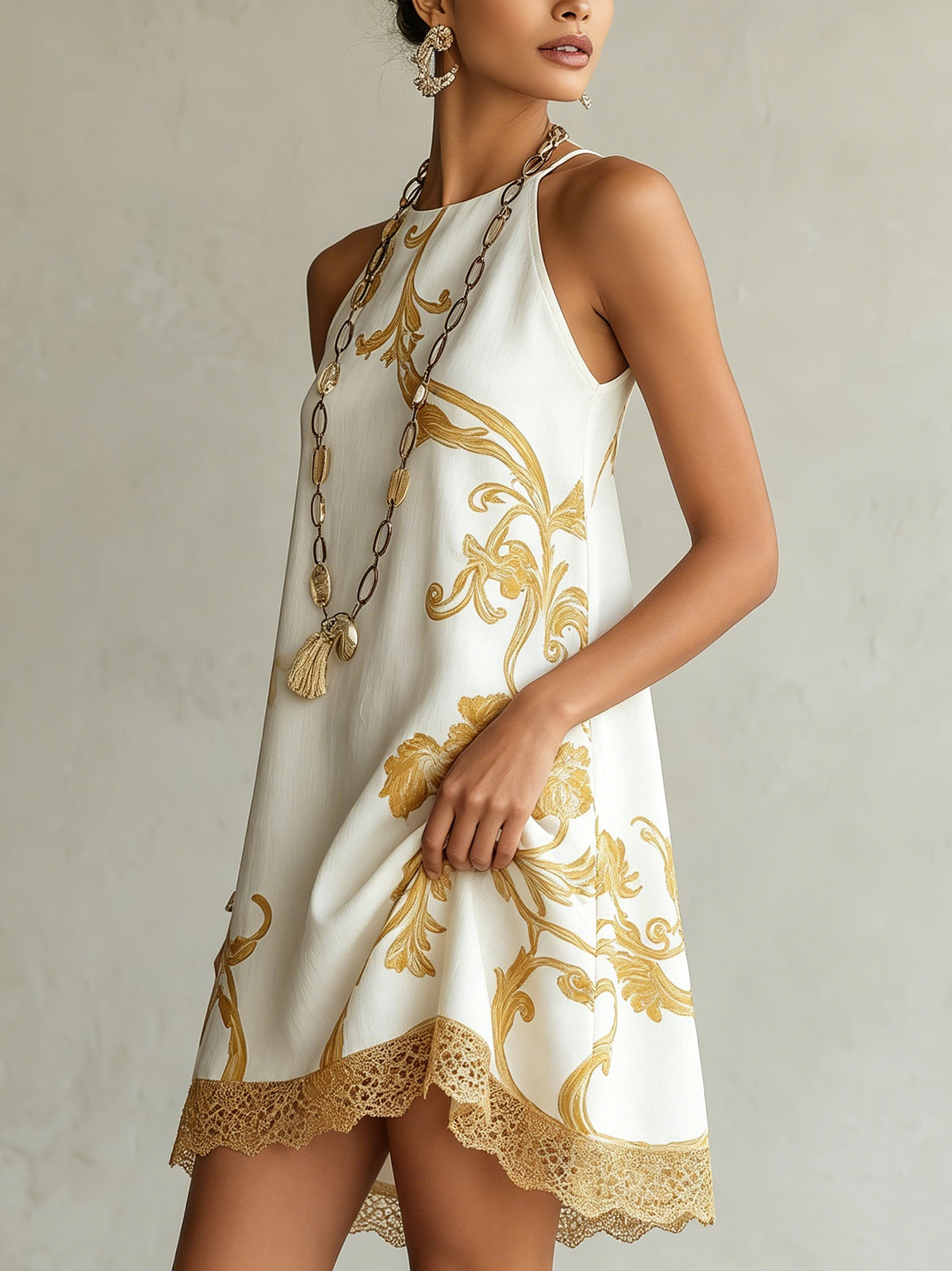 Vestido Estampado Blanco con remate de encaje y estampado - Blanco