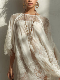 Minivestido Blanco con paneles de encaje y gasa - Blanco