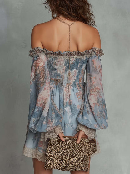 Vestido Estampado Romántico Azul con hombros descubiertos, fruncido, gasa y floral - Azul