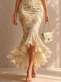 Vestido Estampado Romántico con corte sirena, remate de encaje y floral - Crema