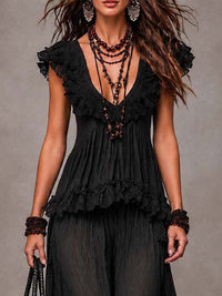 Conjunto de Pantalón Boho Negro con escote en V y encaje - Negro