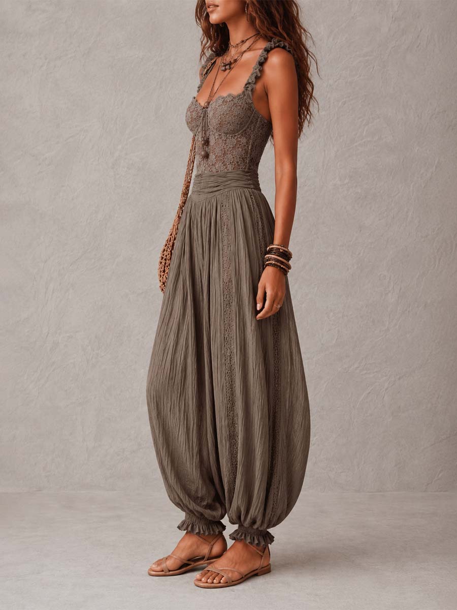Conjunto de Pantalón con encaje, plisado y algodón - Gris