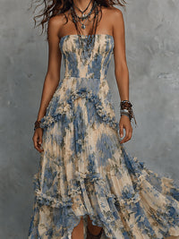 Vestido Estampado Elegante Azul con palabra de honor, gasa, volantes y estampado - Azul