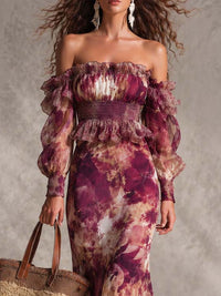 Vestido Estampado Rosa con hombros descubiertos, gasa y floral - Rosa