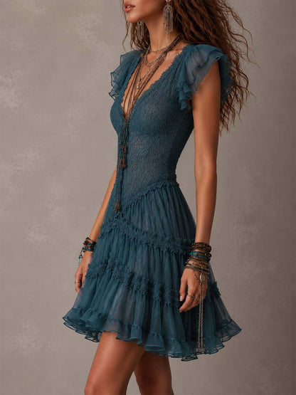 Minivestido Retro Azul con encaje, gasa y volantes - Azul