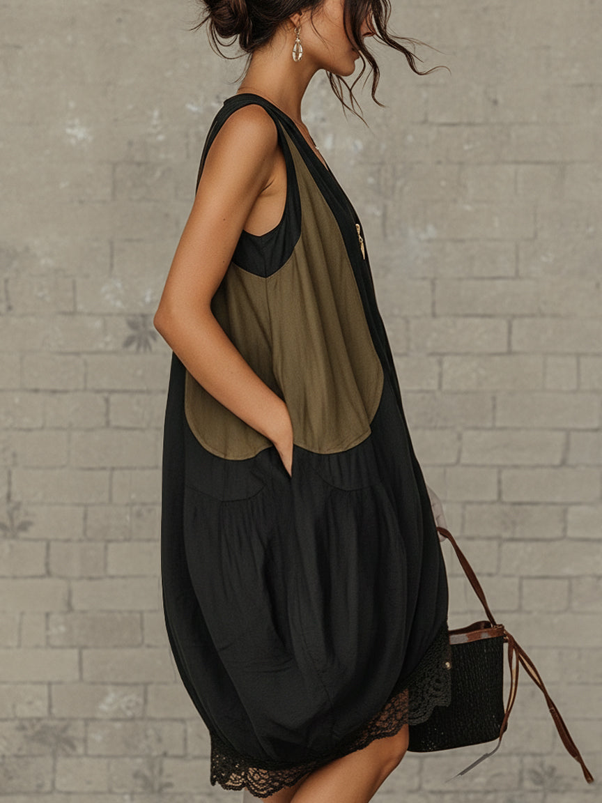 Minivestido Negro con color block y cremallera delantera - Negro