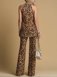 Conjunto de Pantalón Elegante Marrón Sin Mangas con estampado de leopardo, gasa y estampado - Marrón